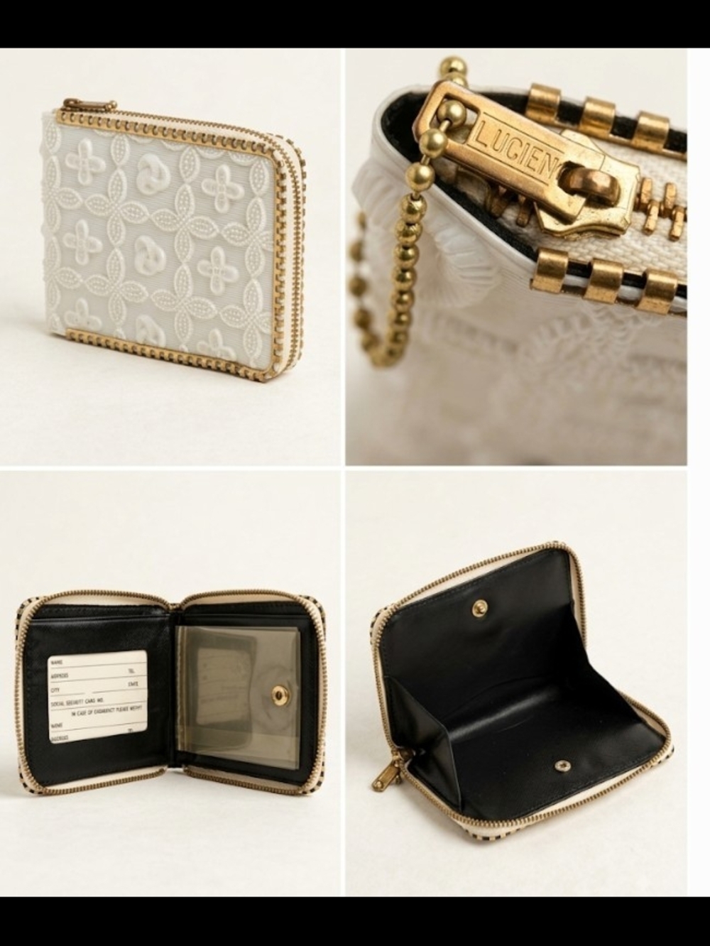 Vintage 50's/70's White & Gold Vinyl Zip Wallet - Mid Century Collectible